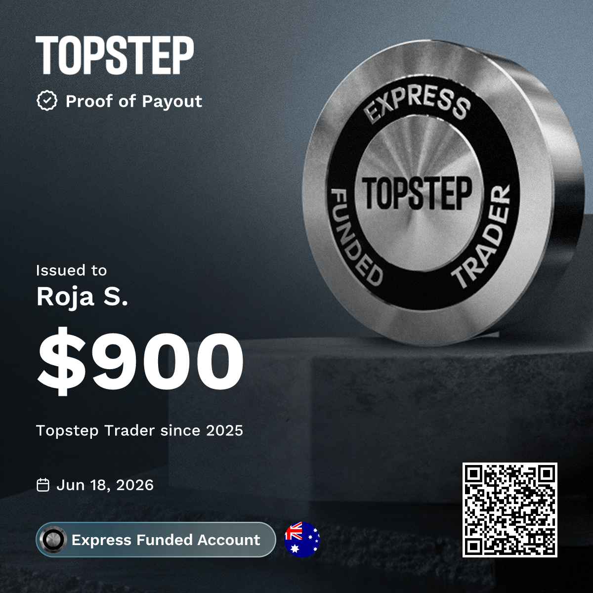 Topstep proof of payout $900 — Roja S.